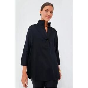 $188 Tuckernuck Solid Black Willow Blouse Women's XXL Collared Cotton Poplin Top